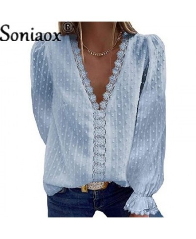 Autumn Fashion Deep V Neck Loose Chiffon Shirt Women Solid Color Jacquard Sweet Female Blouse Casual Splicing Hollow Lace Top...