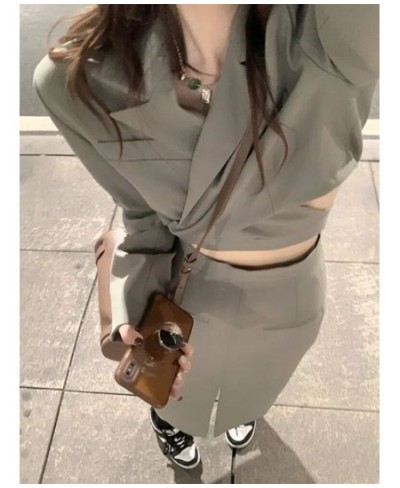 Gray-green Short Blazer Jacket Split Skirt Sets Autumn New Korean Fashion Suit Two Piece Women Outfits Female Clothes $90.20 ...