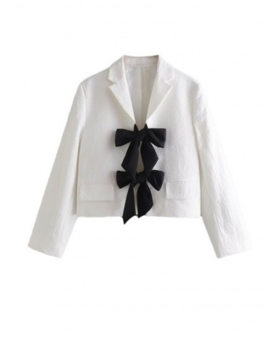 2022 Autumn Women Crop White Elegant Blazers With Black Bow Tied Front Wrist Sleeve Cute Sweet Jacket Female Chic Coat $53.94...