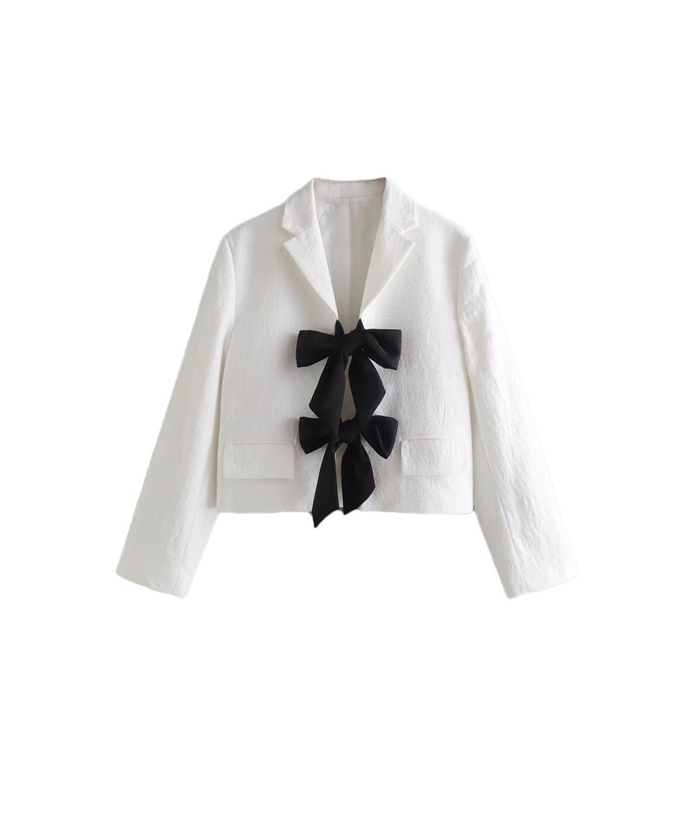 2022 Autumn Women Crop White Elegant Blazers With Black Bow Tied Front Wrist Sleeve Cute Sweet Jacket Female Chic Coat $53.94...