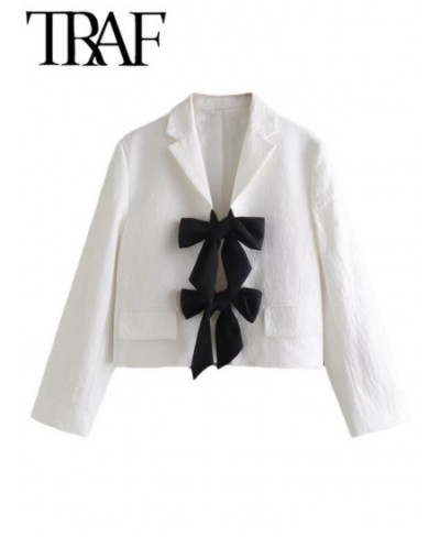 2022 Autumn Women Crop White Elegant Blazers With Black Bow Tied Front Wrist Sleeve Cute Sweet Jacket Female Chic Coat $53.94...