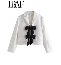 2022 Autumn Women Crop White Elegant Blazers With Black Bow Tied Front Wrist Sleeve Cute Sweet Jacket Female Chic Coat $53.94...