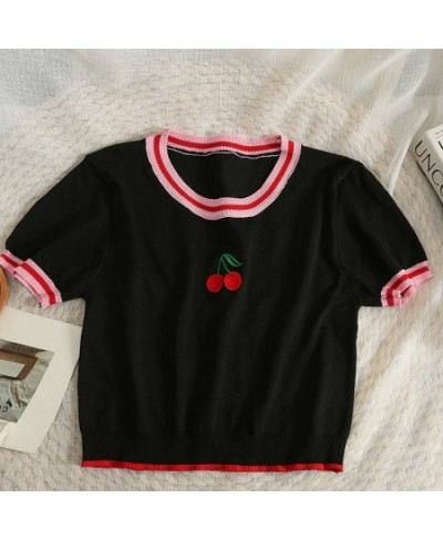 Pearl Diary Summer Contrast Color Stripe Cherry Embroider Top Women Short Round Collar Kuitting T-Shirt Thin Cute Young Girl ...