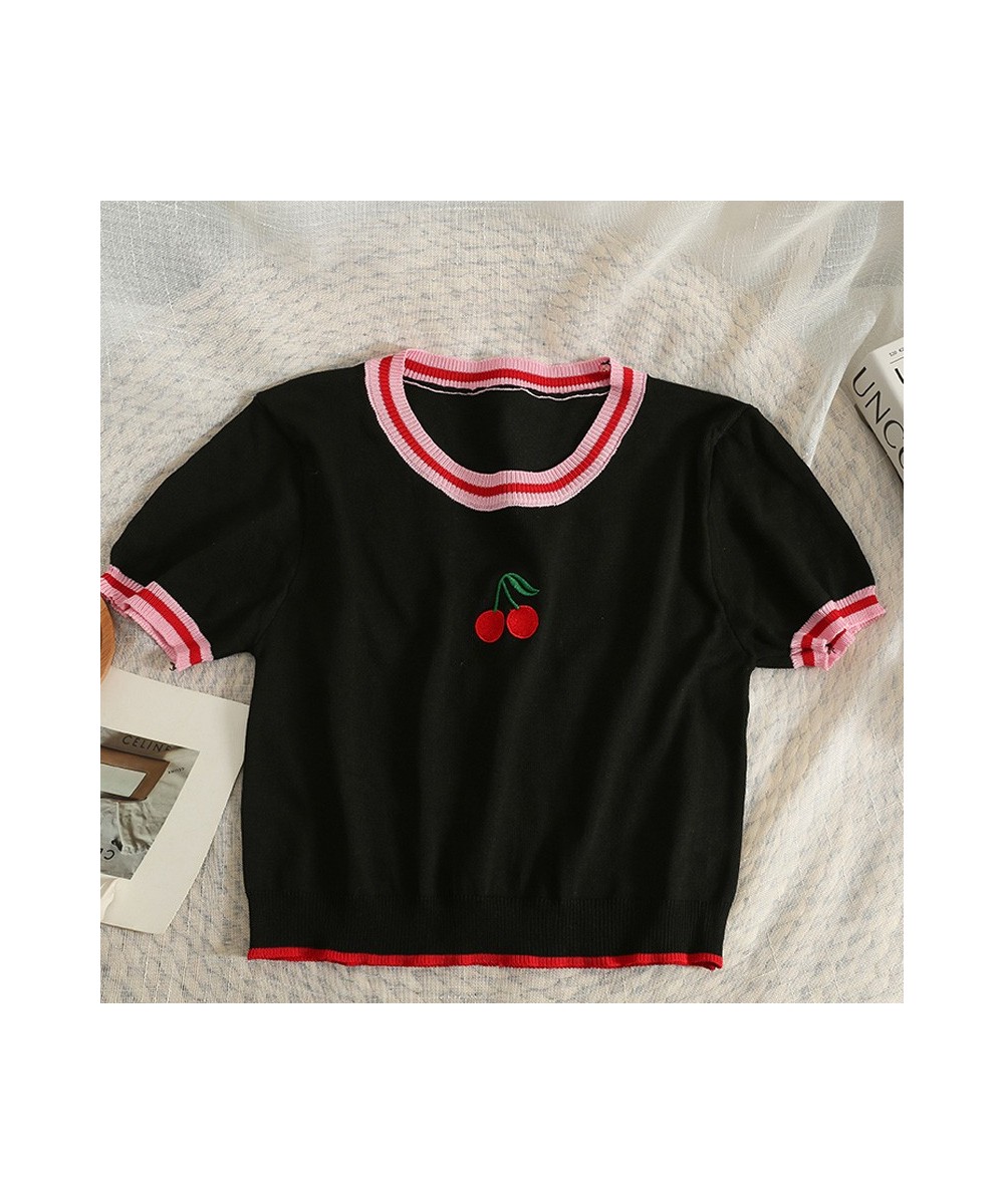 Pearl Diary Summer Contrast Color Stripe Cherry Embroider Top Women Short Round Collar Kuitting T-Shirt Thin Cute Young Girl ...