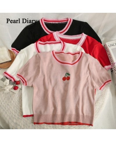 Pearl Diary Summer Contrast Color Stripe Cherry Embroider Top Women Short Round Collar Kuitting T-Shirt Thin Cute Young Girl ...