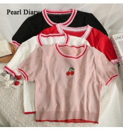 Pearl Diary Summer Contrast Color Stripe Cherry Embroider Top Women Short Round Collar Kuitting T-Shirt Thin Cute Young Girl ...