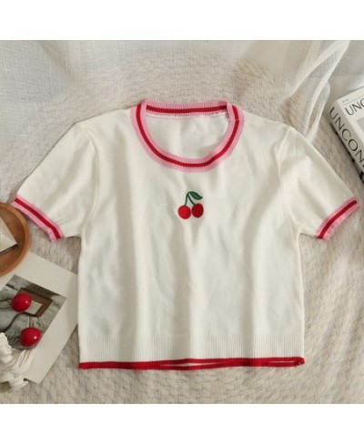 Pearl Diary Summer Contrast Color Stripe Cherry Embroider Top Women Short Round Collar Kuitting T-Shirt Thin Cute Young Girl ...