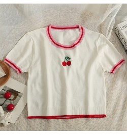 Pearl Diary Summer Contrast Color Stripe Cherry Embroider Top Women Short Round Collar Kuitting T-Shirt Thin Cute Young Girl ...