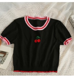 Pearl Diary Summer Contrast Color Stripe Cherry Embroider Top Women Short Round Collar Kuitting T-Shirt Thin Cute Young Girl ...