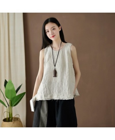 Women Vintage Cotton Linen Tanks 2023 Summer New O-Neck Sleeveless Patchwork Solid Color Women Casual Loose Tanks Tops $34.26...