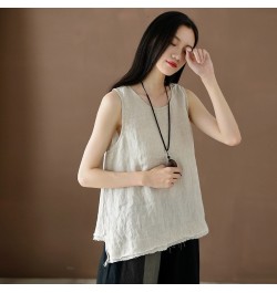 Women Vintage Cotton Linen Tanks 2023 Summer New O-Neck Sleeveless Patchwork Solid Color Women Casual Loose Tanks Tops $34.26...