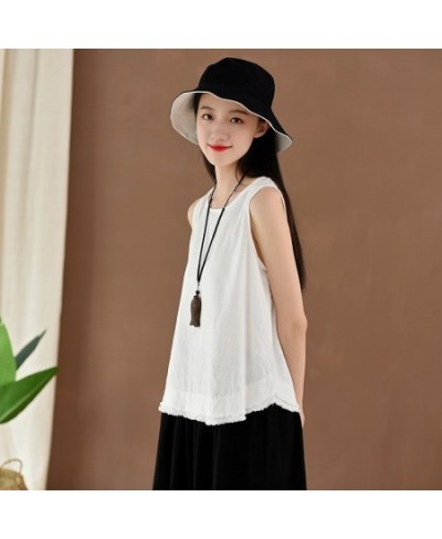 Women Vintage Cotton Linen Tanks 2023 Summer New O-Neck Sleeveless Patchwork Solid Color Women Casual Loose Tanks Tops $34.26...