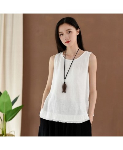 Women Vintage Cotton Linen Tanks 2023 Summer New O-Neck Sleeveless Patchwork Solid Color Women Casual Loose Tanks Tops $34.26...