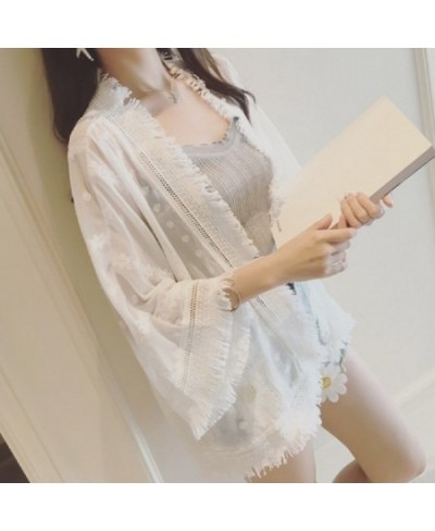 Women Chiffon White Lace Blouses Casual Spring Summer Long Flare Sleeve Buttons Blouse camisas mujer kimono $22.90 - Women Tops