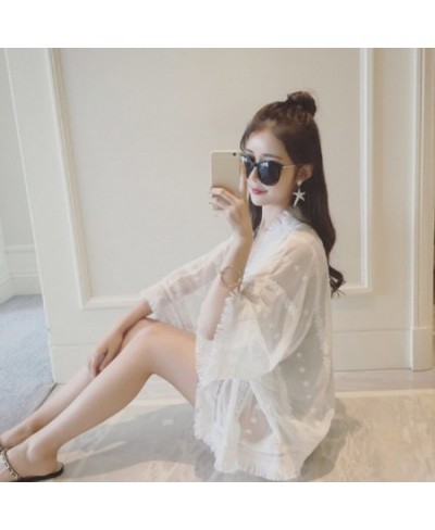 Women Chiffon White Lace Blouses Casual Spring Summer Long Flare Sleeve Buttons Blouse camisas mujer kimono $22.90 - Women Tops