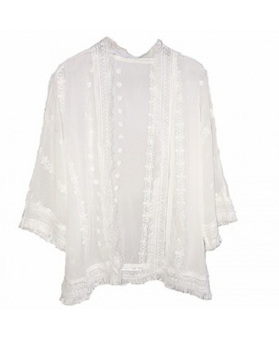 Women Chiffon White Lace Blouses Casual Spring Summer Long Flare Sleeve Buttons Blouse camisas mujer kimono $22.90 - Women Tops