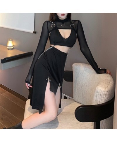 Goth Skirt Streetwear Punk Black Skirt Y2K Goth Bodycon Sexy High Slit Skirts Women Harajuku Metal Patchwork High Waist Skirt...