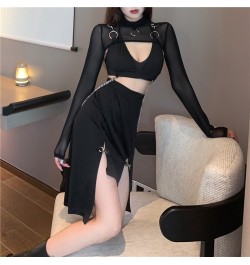 Goth Skirt Streetwear Punk Black Skirt Y2K Goth Bodycon Sexy High Slit Skirts Women Harajuku Metal Patchwork High Waist Skirt...