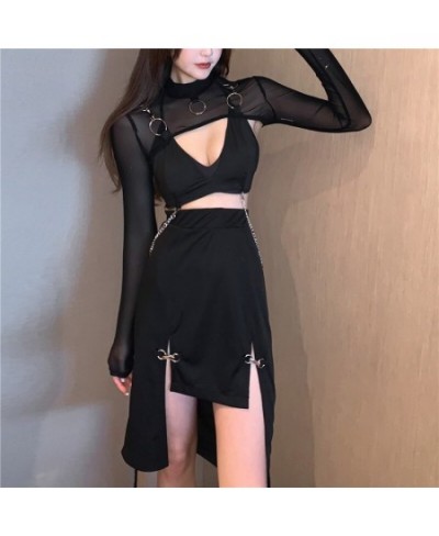 Goth Skirt Streetwear Punk Black Skirt Y2K Goth Bodycon Sexy High Slit Skirts Women Harajuku Metal Patchwork High Waist Skirt...