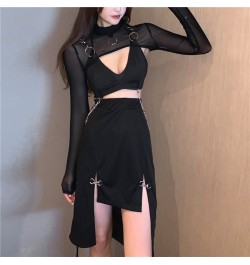 Goth Skirt Streetwear Punk Black Skirt Y2K Goth Bodycon Sexy High Slit Skirts Women Harajuku Metal Patchwork High Waist Skirt...