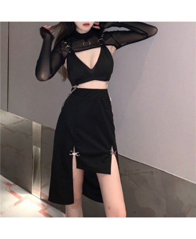 Goth Skirt Streetwear Punk Black Skirt Y2K Goth Bodycon Sexy High Slit Skirts Women Harajuku Metal Patchwork High Waist Skirt...