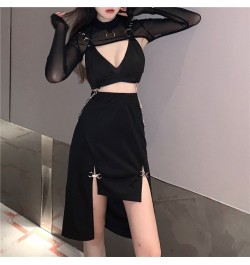 Goth Skirt Streetwear Punk Black Skirt Y2K Goth Bodycon Sexy High Slit Skirts Women Harajuku Metal Patchwork High Waist Skirt...