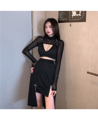 Goth Skirt Streetwear Punk Black Skirt Y2K Goth Bodycon Sexy High Slit Skirts Women Harajuku Metal Patchwork High Waist Skirt...