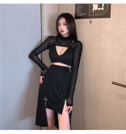 Goth Skirt Streetwear Punk Black Skirt Y2K Goth Bodycon Sexy High Slit Skirts Women Harajuku Metal Patchwork High Waist Skirt...