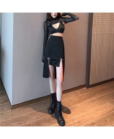 Goth Skirt Streetwear Punk Black Skirt Y2K Goth Bodycon Sexy High Slit Skirts Women Harajuku Metal Patchwork High Waist Skirt...