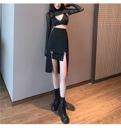 Goth Skirt Streetwear Punk Black Skirt Y2K Goth Bodycon Sexy High Slit Skirts Women Harajuku Metal Patchwork High Waist Skirt...