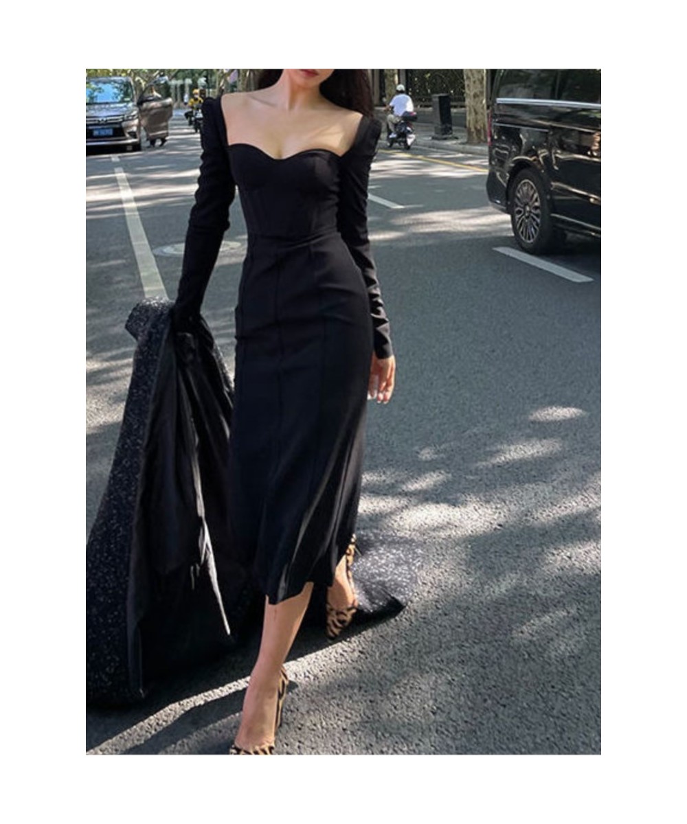 2023 Square Collar Slim Bodycon Black Vestido Femme Fashion Outerwear Robe Women Long Sleeve Elegant A-Line Midi White Dress ...