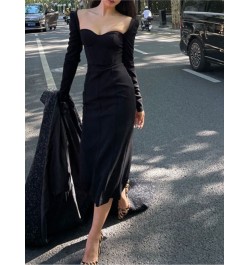 2023 Square Collar Slim Bodycon Black Vestido Femme Fashion Outerwear Robe Women Long Sleeve Elegant A-Line Midi White Dress ...