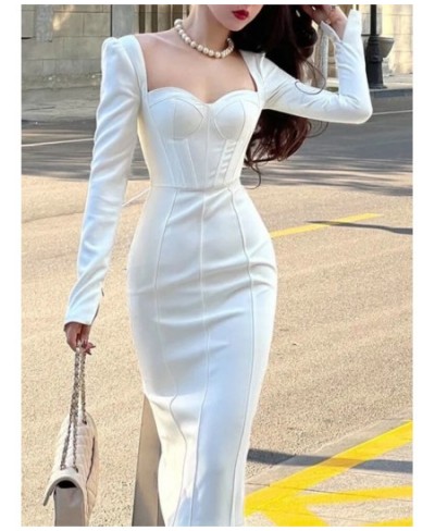 2023 Square Collar Slim Bodycon Black Vestido Femme Fashion Outerwear Robe Women Long Sleeve Elegant A-Line Midi White Dress ...