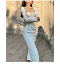 2023 Square Collar Slim Bodycon Black Vestido Femme Fashion Outerwear Robe Women Long Sleeve Elegant A-Line Midi White Dress ...