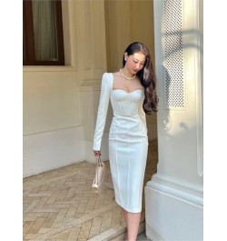 2023 Square Collar Slim Bodycon Black Vestido Femme Fashion Outerwear Robe Women Long Sleeve Elegant A-Line Midi White Dress ...