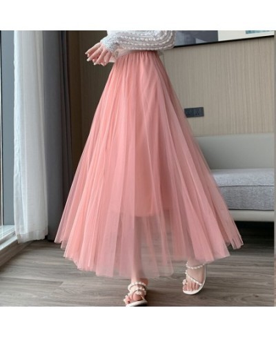 Mesh Skirts Spring Summer Women's Fashion High Waist Mid Length Elastic Waist A-line Princess Long Faldas Tulle Skirt $37.10 ...