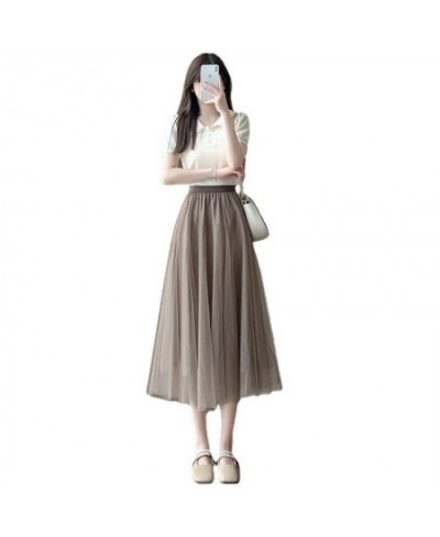 Mesh Skirts Spring Summer Women's Fashion High Waist Mid Length Elastic Waist A-line Princess Long Faldas Tulle Skirt $37.10 ...