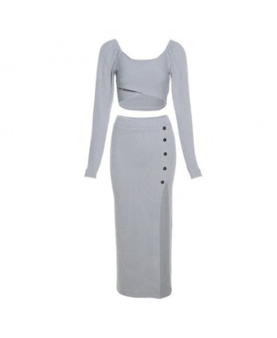 Gray Casual Simple Intellectual Elegant Evening Queen Fashion Pullover Top with Slit Skirt Women's Two-piece Set $44.29 - Sui...