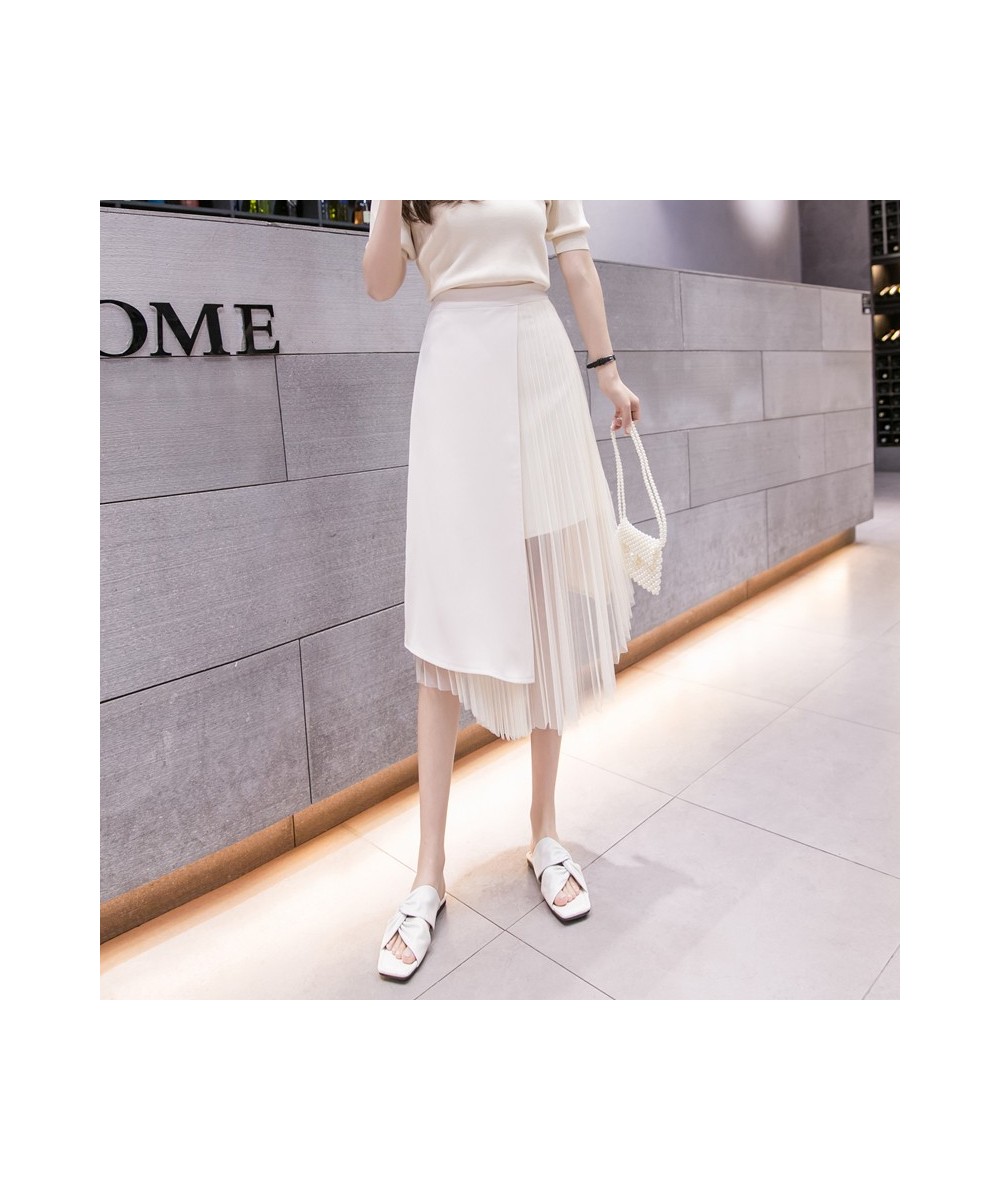 2023 New Spring Summer Women High Waist Slim Midi Long Skirt Fashion Pleated Mesh Patchwork Asymmetrical Skirt $41.94 - Skirts