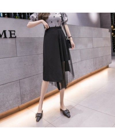 2023 New Spring Summer Women High Waist Slim Midi Long Skirt Fashion Pleated Mesh Patchwork Asymmetrical Skirt $41.94 - Skirts