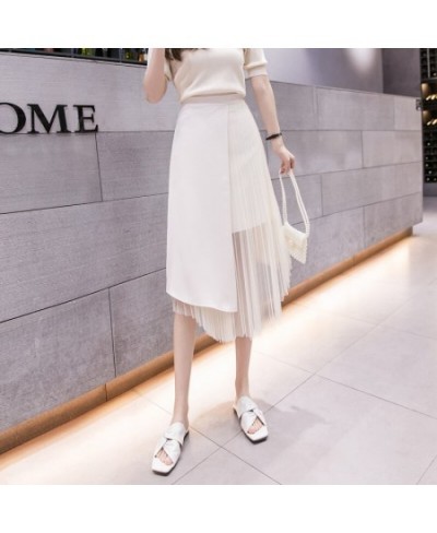 2023 New Spring Summer Women High Waist Slim Midi Long Skirt Fashion Pleated Mesh Patchwork Asymmetrical Skirt $41.94 - Skirts