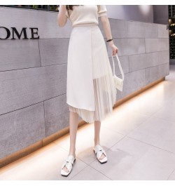 2023 New Spring Summer Women High Waist Slim Midi Long Skirt Fashion Pleated Mesh Patchwork Asymmetrical Skirt $41.94 - Skirts