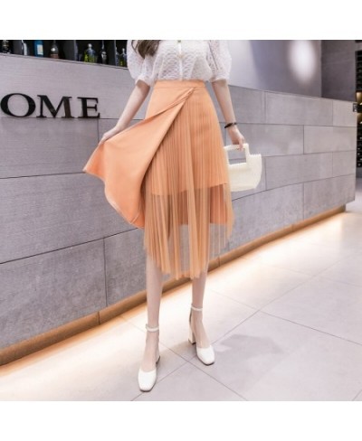 2023 New Spring Summer Women High Waist Slim Midi Long Skirt Fashion Pleated Mesh Patchwork Asymmetrical Skirt $41.94 - Skirts