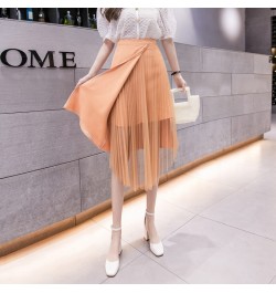 2023 New Spring Summer Women High Waist Slim Midi Long Skirt Fashion Pleated Mesh Patchwork Asymmetrical Skirt $41.94 - Skirts