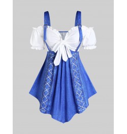 Ruffles Double Hem Tunic T-Shirt Blue 3D Jeans Printed Cold Shoulder Women Tee With Bowknot Summer Clothes Top $35.33 - Tops ...