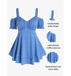 Ruffles Double Hem Tunic T-Shirt Blue 3D Jeans Printed Cold Shoulder Women Tee With Bowknot Summer Clothes Top $35.33 - Tops ...