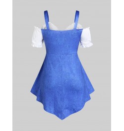 Ruffles Double Hem Tunic T-Shirt Blue 3D Jeans Printed Cold Shoulder Women Tee With Bowknot Summer Clothes Top $35.33 - Tops ...