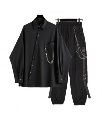 Spring Hip Hop Asymmetric Chain Ornaments Cargo Pants Streetwear Hip Hop Long-sleeved Shirt Unisex Black Top 2 Piece Suit $33...