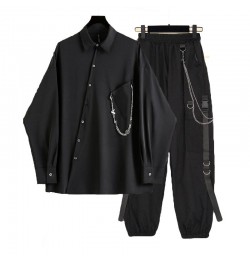 Spring Hip Hop Asymmetric Chain Ornaments Cargo Pants Streetwear Hip Hop Long-sleeved Shirt Unisex Black Top 2 Piece Suit $33...