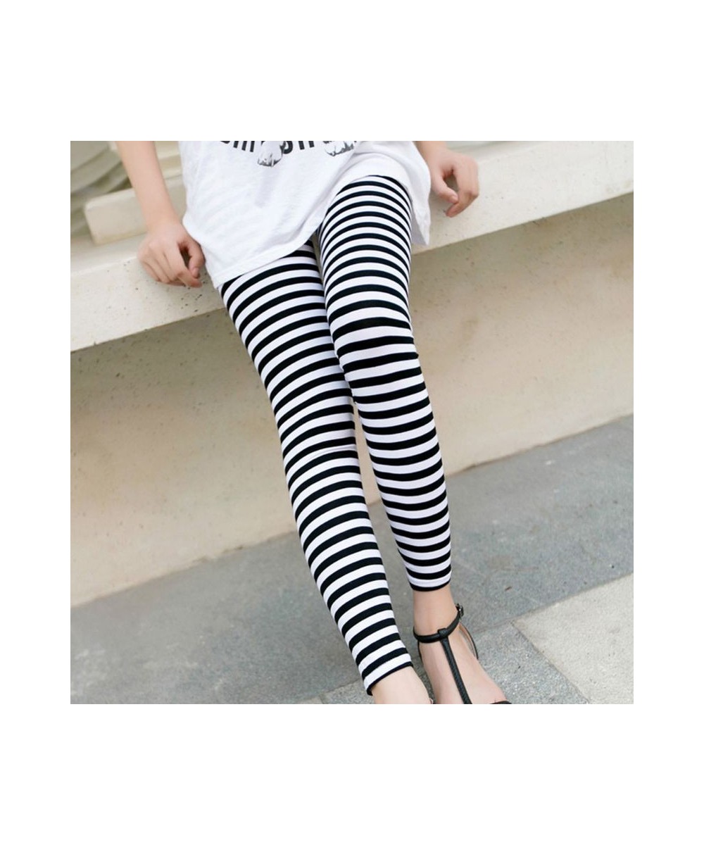 Women Ankle Length Skinny Leggings Black White Horizontal Striped Pants $21.80 - Bottoms